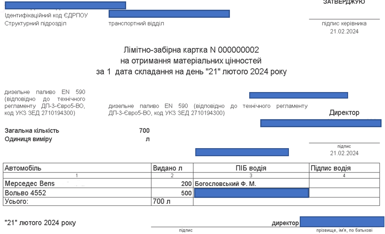 «Лімітно забірна картка - друкована форма»